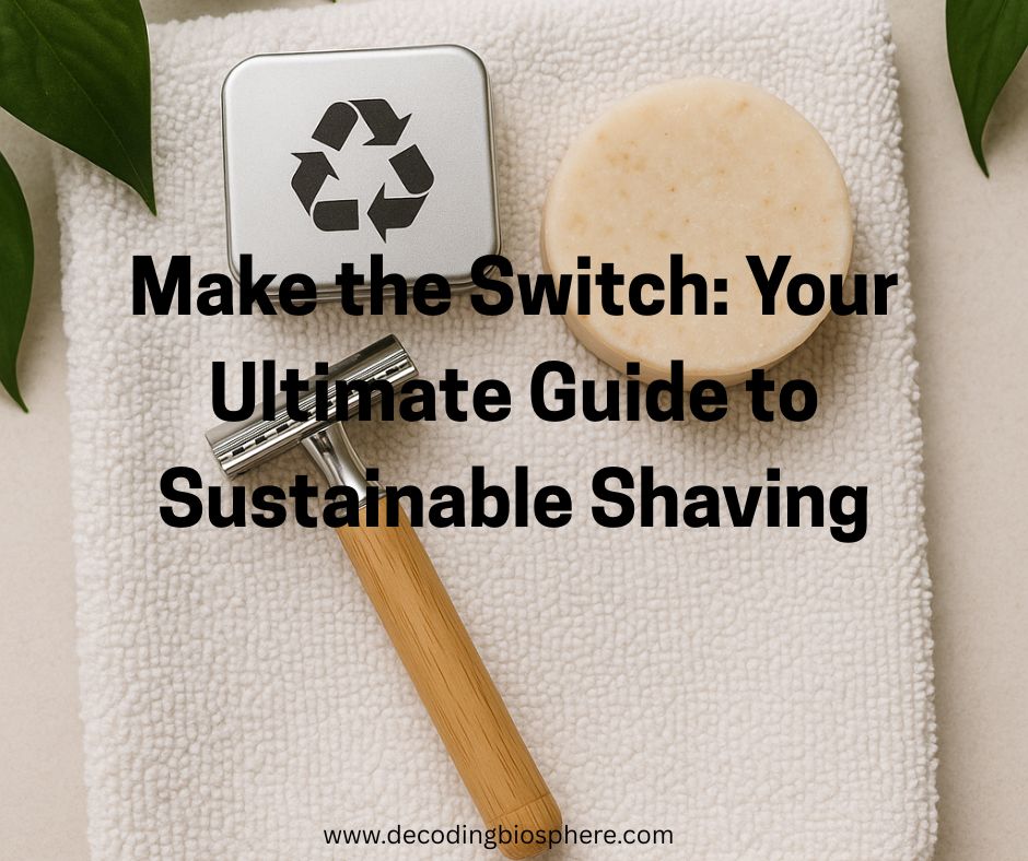 Zero-waste shaving essentials including bamboo safety razor and natural shaving soap on eco-friendly setup