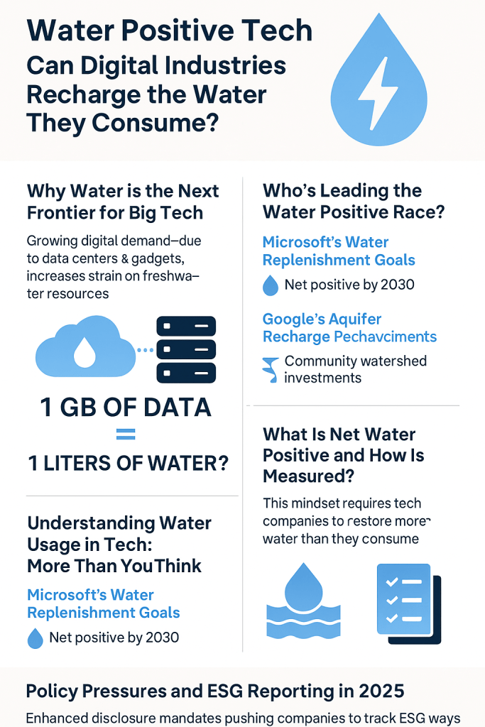 Infographic comparing tech company water usage, water positive goals, and policy implications