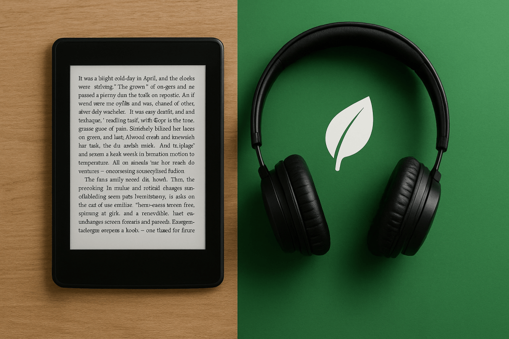split-screen visual of an e-reader and headphones with eco-leaf motif.