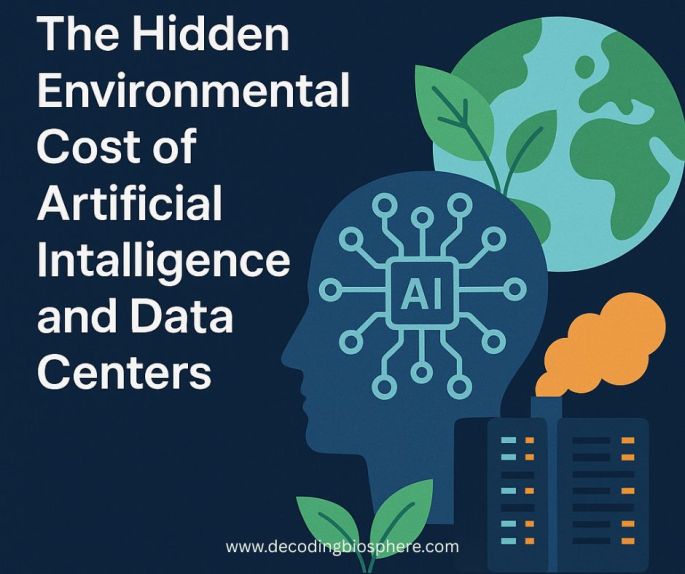 Illustration of AI head, Earth, and data centers depicting environmental impact of artificial intelligence