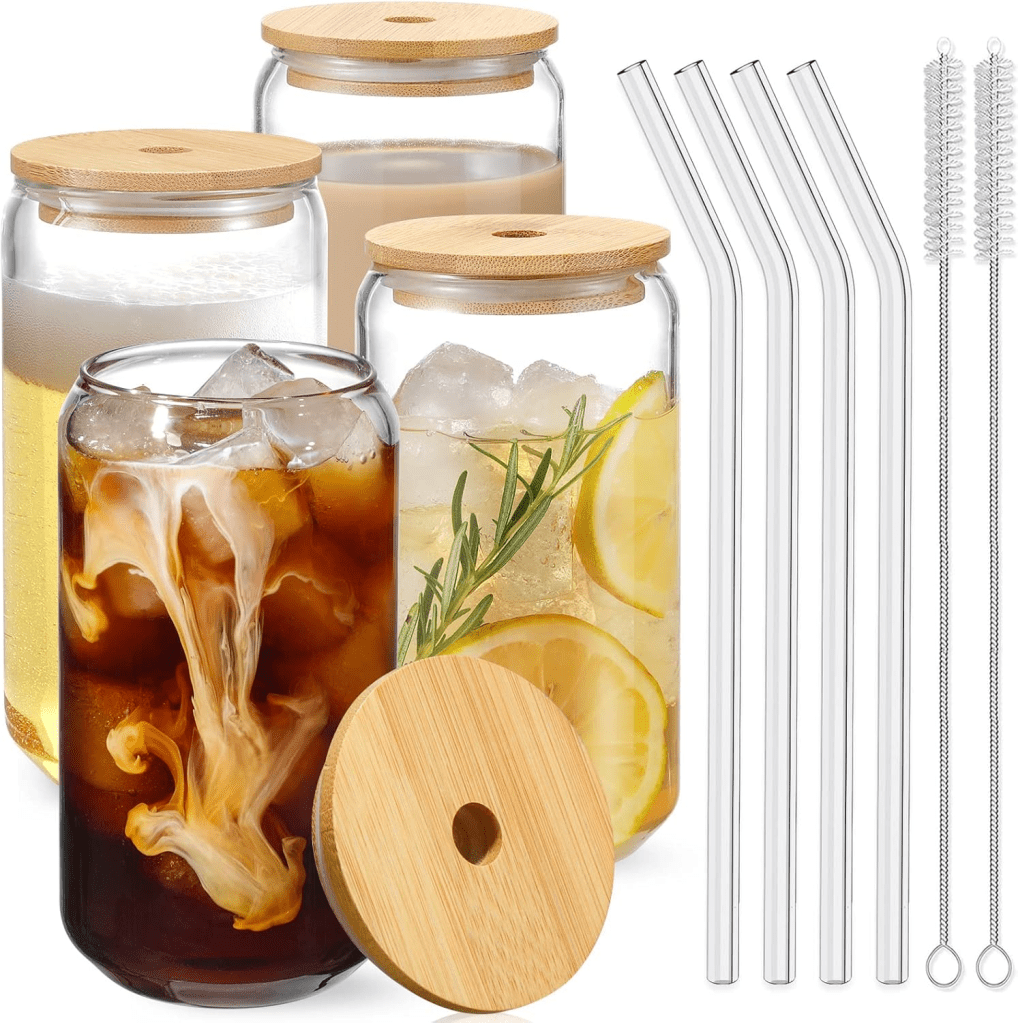 Drinking Glasses with Bamboo Lids and Glass Straw 4pcs Set - 16oz Glass Cups, Iced Coffee Glasses, Cute iced Tea Glasses, Beer Glasses, Ideal for Coffee Bar Accessories, Aesthetic Gift - 2 Brushes