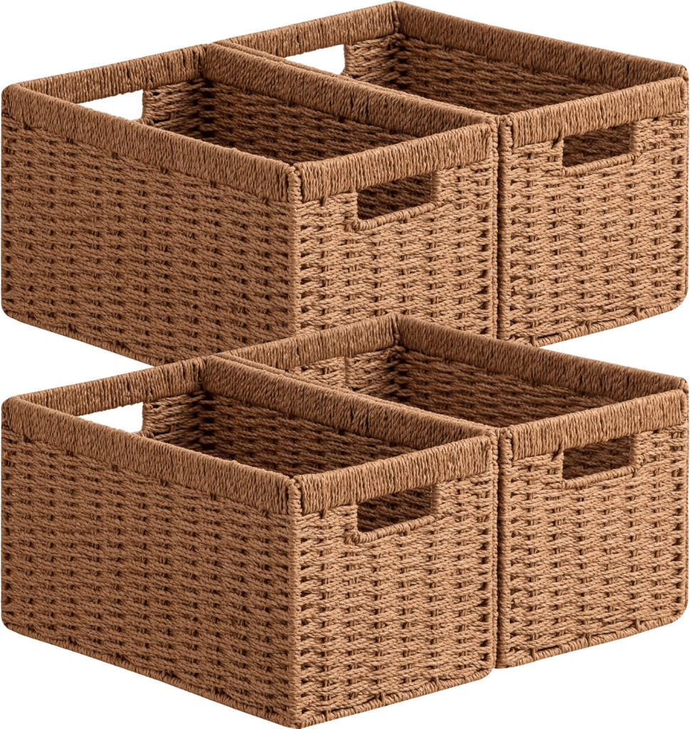 UBBCARE 4 Pack Wicker Basket, 13.4L×8.3H×7.1W inch Woven Paper Rope Storage Baskets for shelves, Foldable Rectangular Storage Baskets with Handle, Storage Basket for Organizing, Caramel