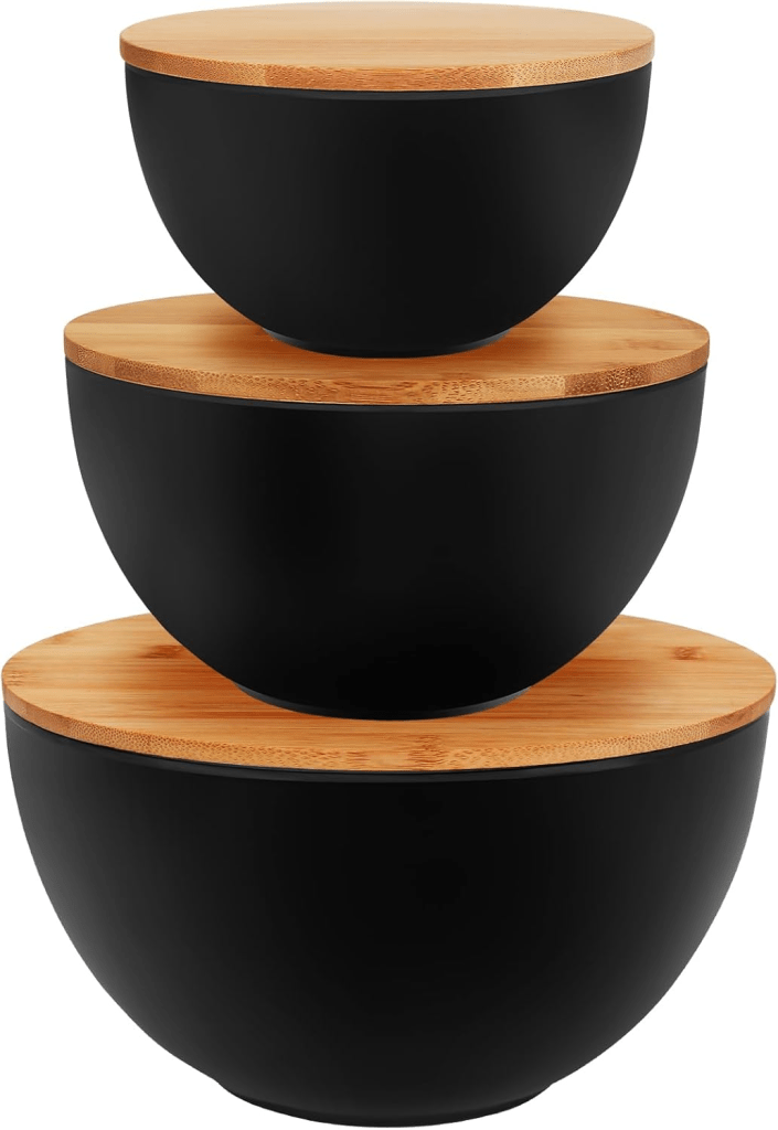 ShineMe Salad Bowl Set of 3, Natural Bamboo Fiber Salad Serving Bowls with Lids,Mixing Bowl for Preparing and Serving Salad, Cereal, Fruit, Veggies, Popcorn,Chips & Bread(10",8",6")