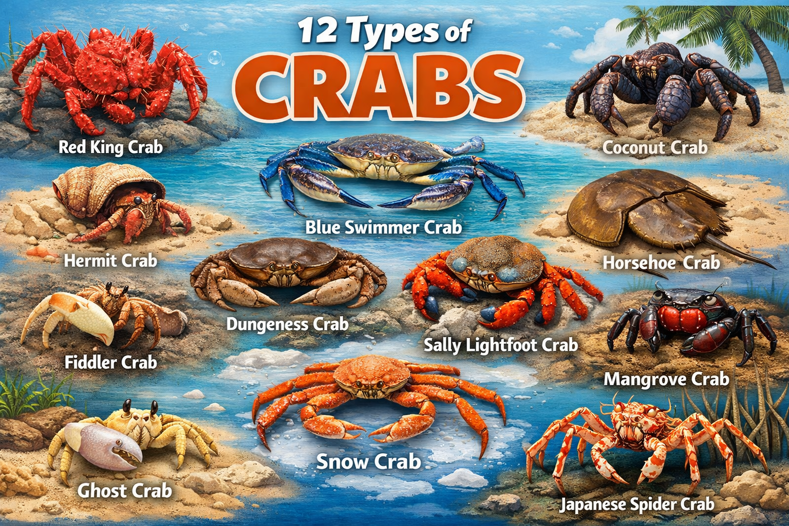 Types of crabs showing different species, habitats, and physical features