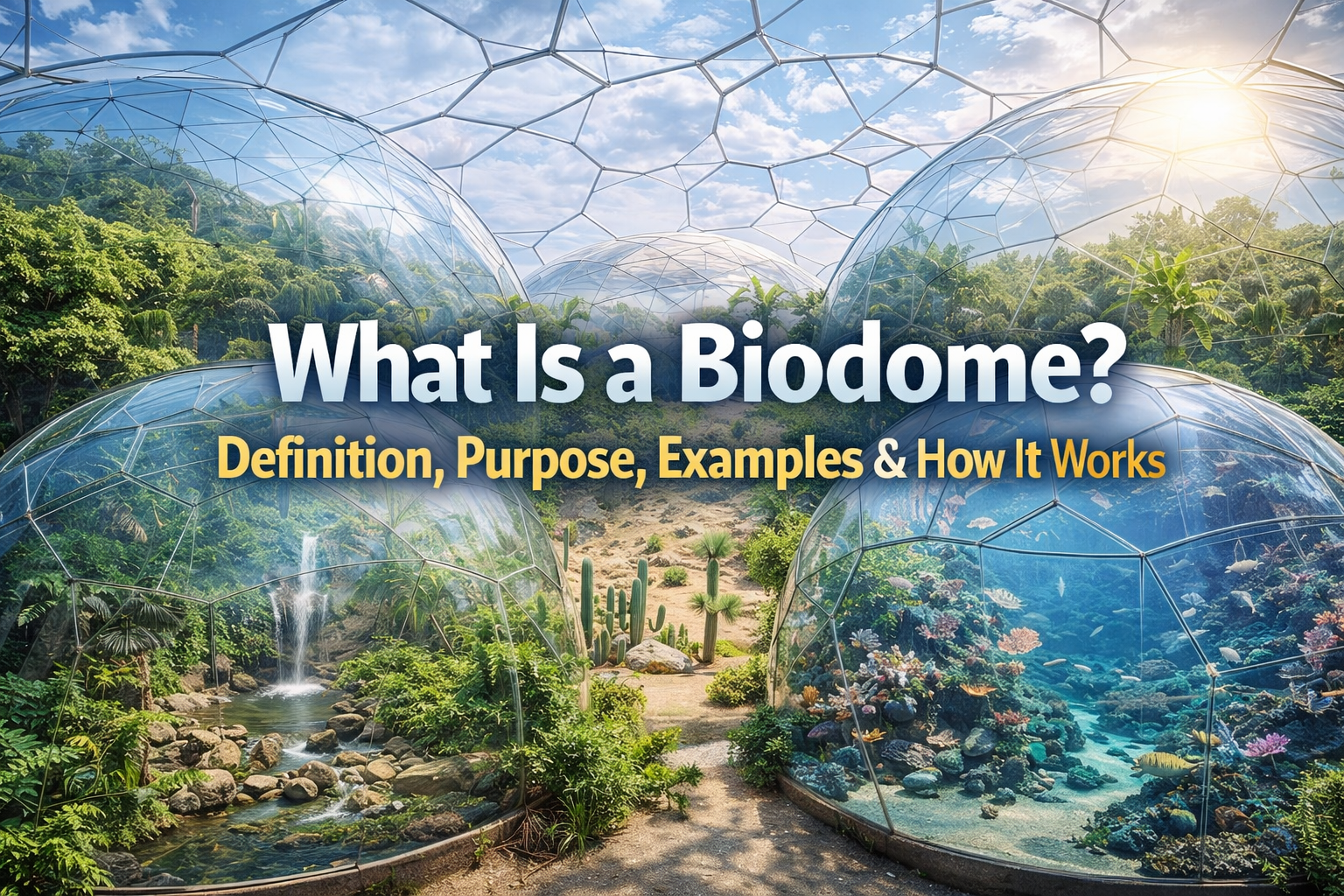 Illustration of climate-controlled biodomes replicating rainforest and desert ecosystems