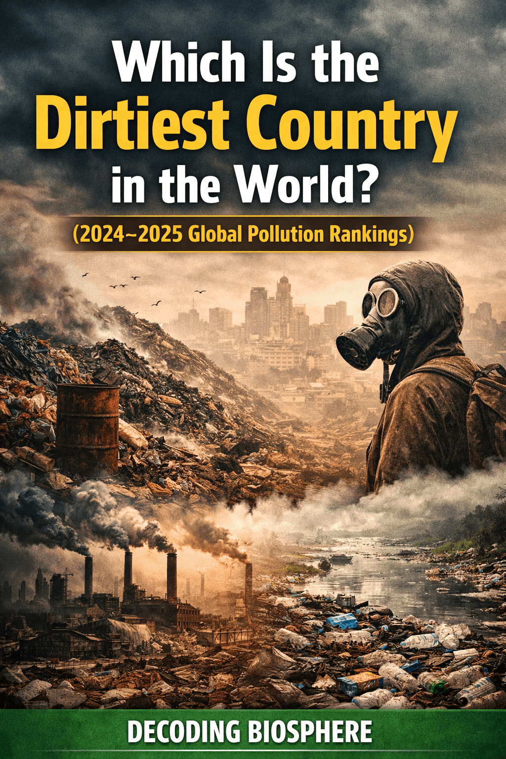 Feature image showing industrial pollution, landfill waste, and toxic smog with title “Which Is the Dirtiest Country in the World? (2024–2025)”