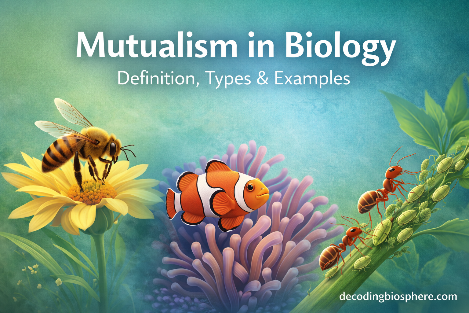 Mutualism in biology showing bee pollination, clownfish with sea anemone, and ants with aphids